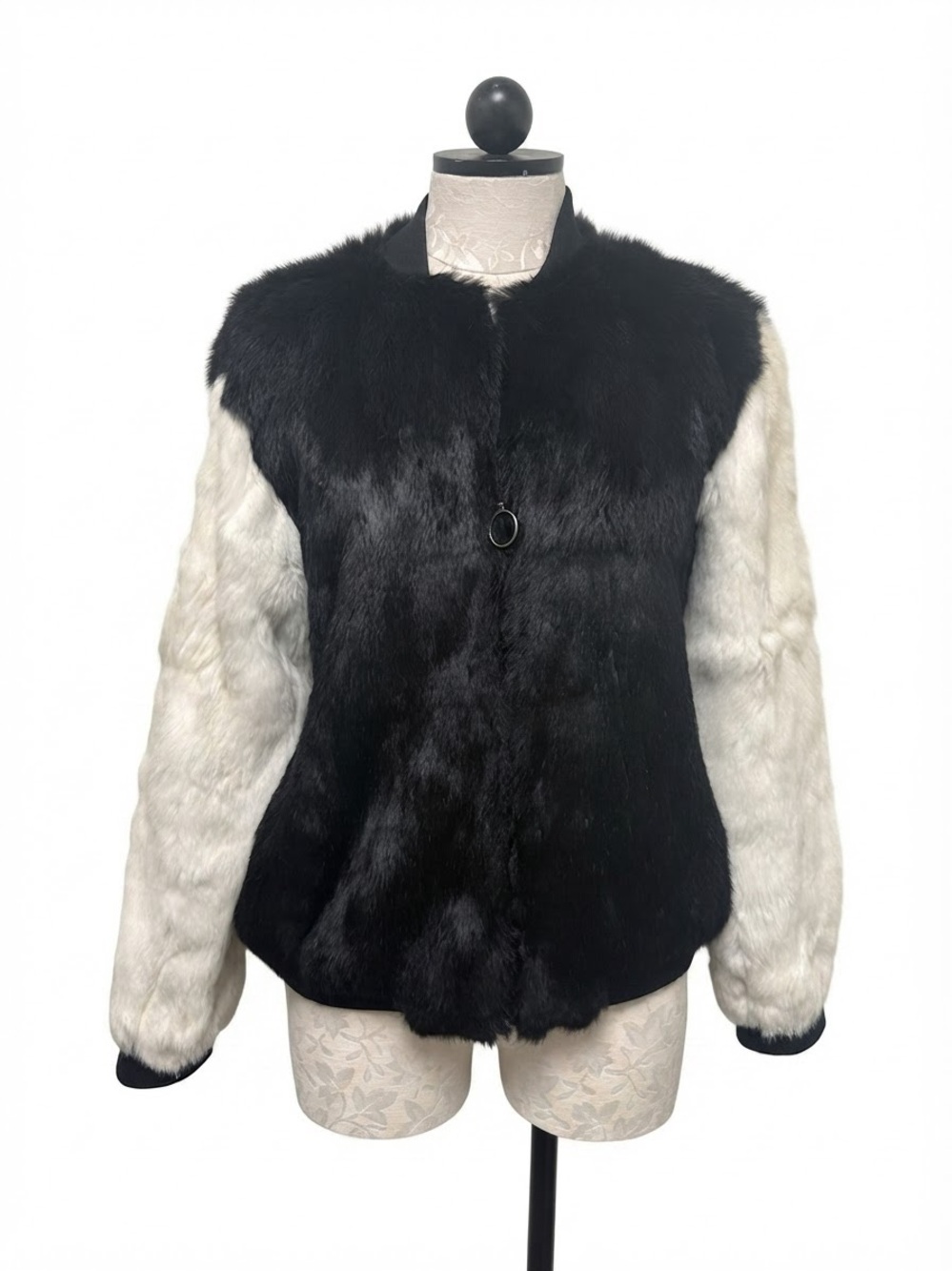 Adrienne Landau Luxury Designer Real Fur Coat Bomber Jacket Black White Medium